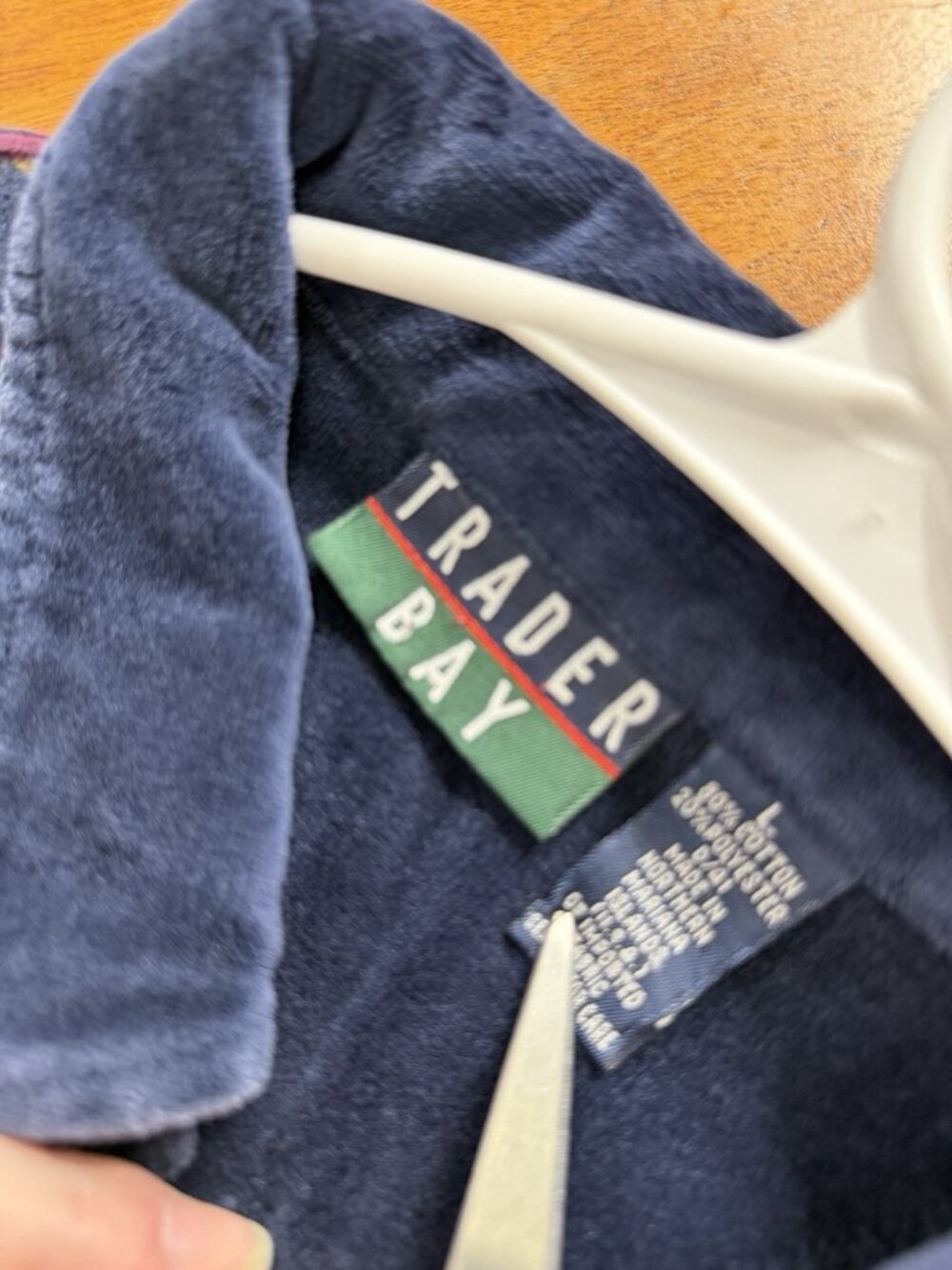 Vtg Velour Polo Shirt Men’s Large Trader Bay Striped Horizontal Long Sleeve Blue - Picture 3 of 5